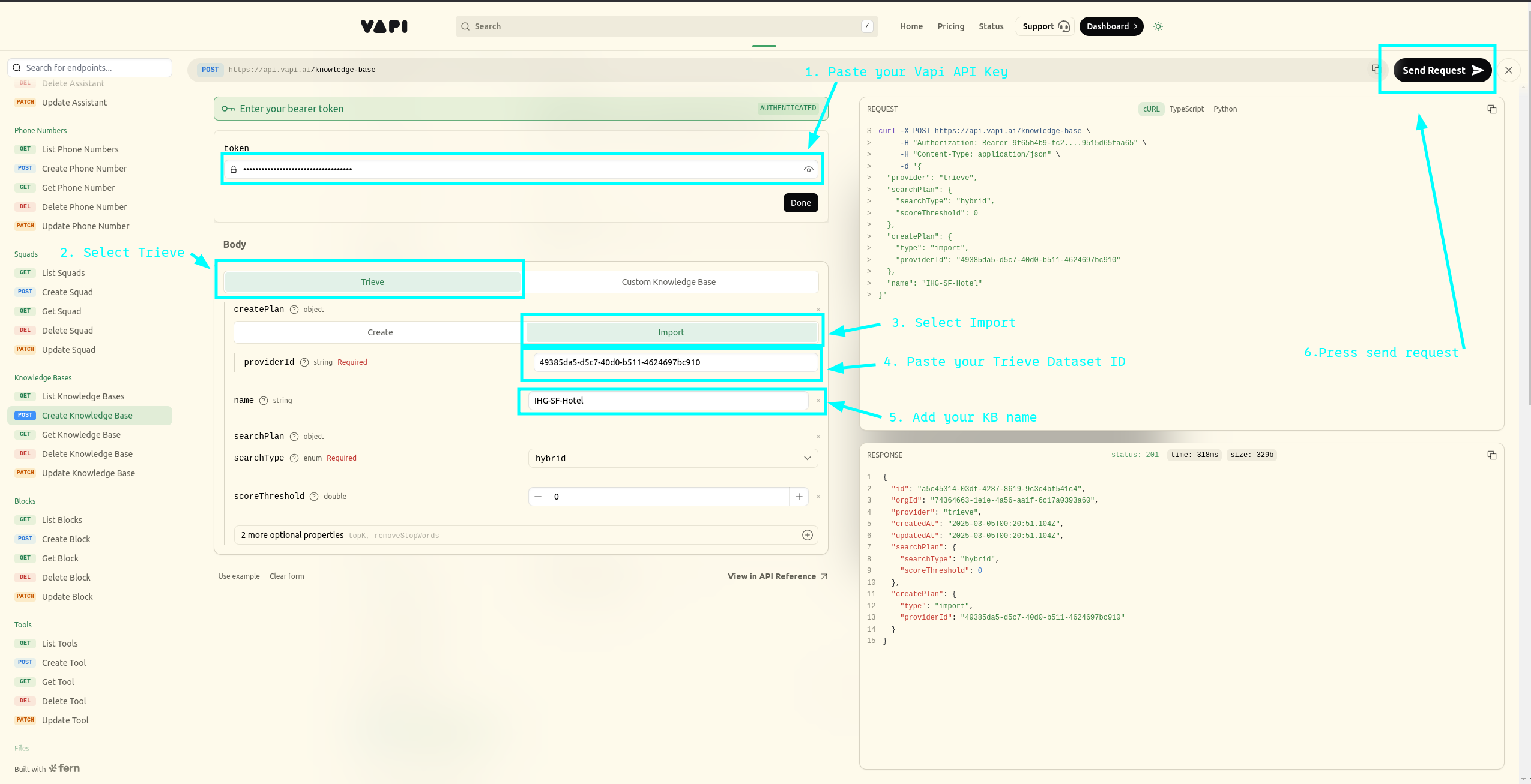 send request to create knowledge base