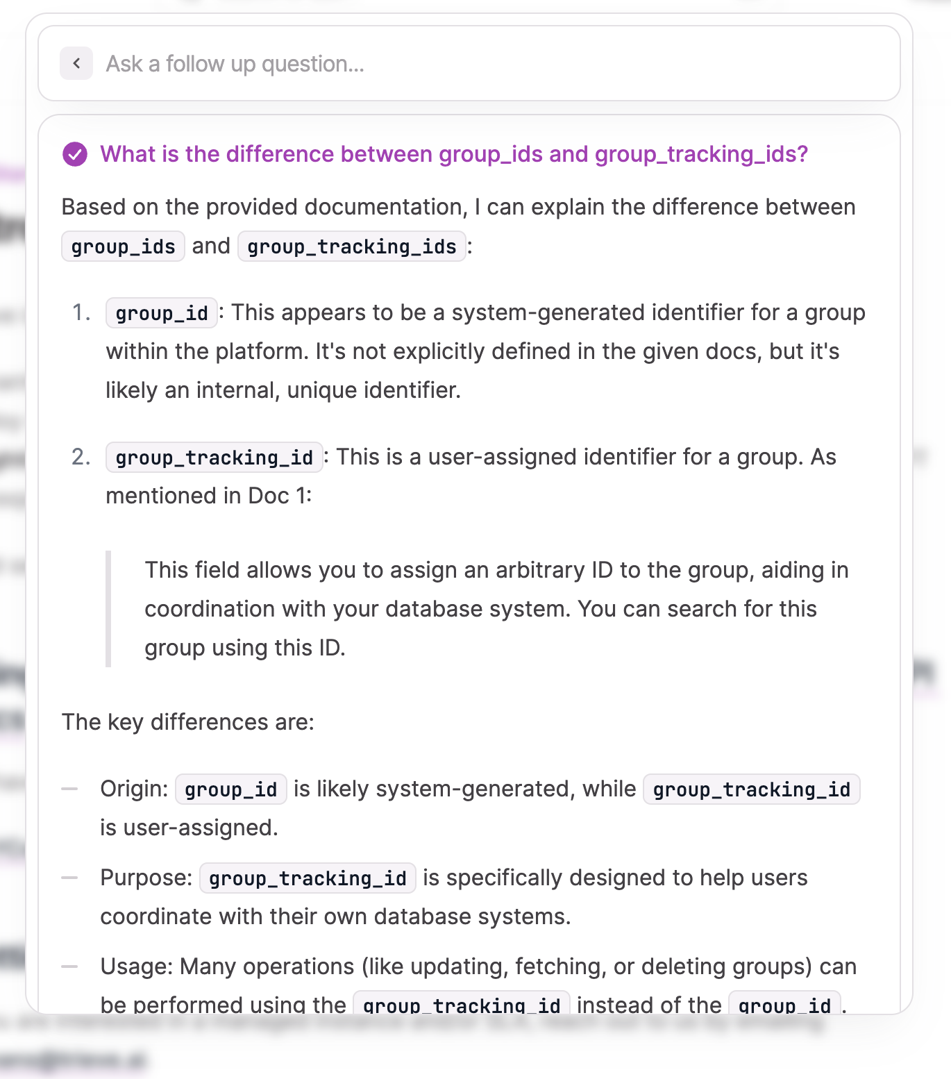 screenshot of Mintlify's RAG response to 'What is the difference between group_ids and group_tracking_ids?'