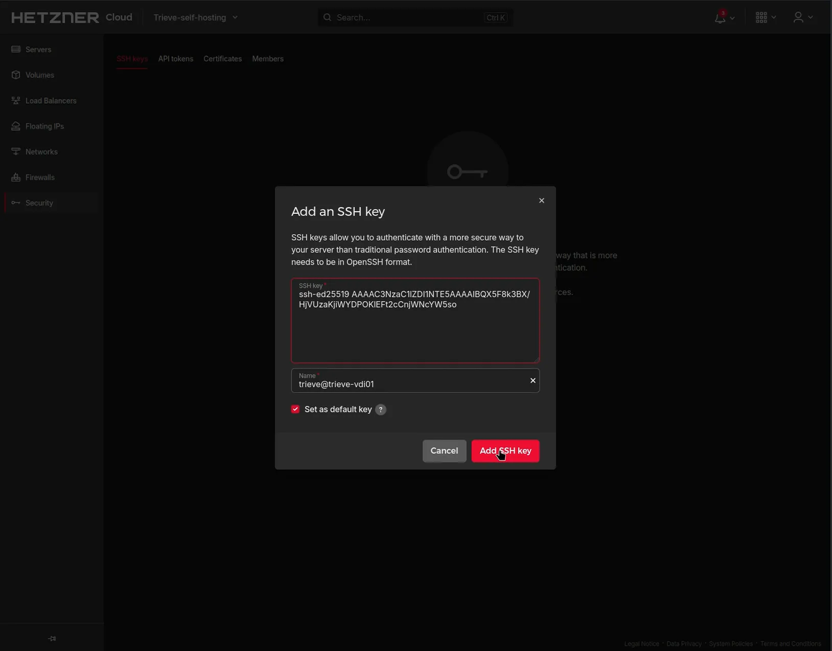 hetzner adding ssh key